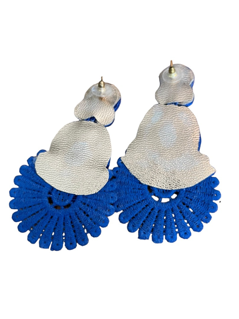 Soutache Post Pierced Statement Flat Ribbon Earrings Royal Blue 3.75"