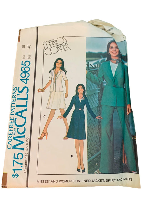 Size 18 McCall's  4965 Uncut Vintage 1970s Marlos Corner Misses Womens Unlined Jacket Skirt Pants