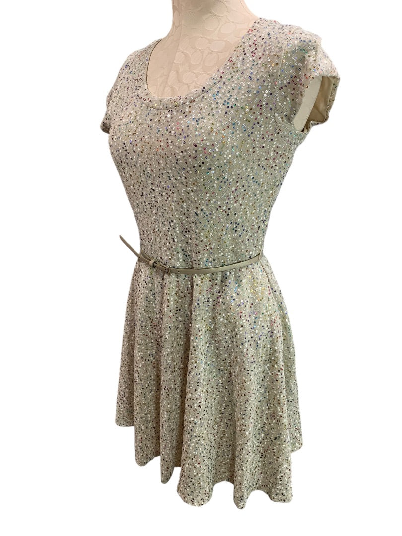 Medium As You Wish Junior Womens Tan Sequin A-Line Belted Dress Lined