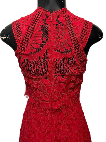 XS Lulus Sweetness Lace Crochet Overlay Sleeveless Fitted Midi Dress Back Zipper Red