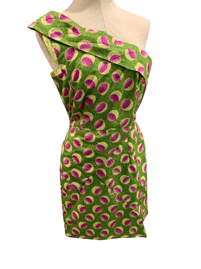 Small Vintage 1960s One Shoulder Sheath Dress Green Pink