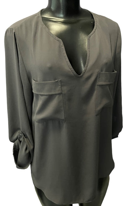 Medium Veronicam Womens Popover Blouse Roll Tab Sleeve Pockets Shirt