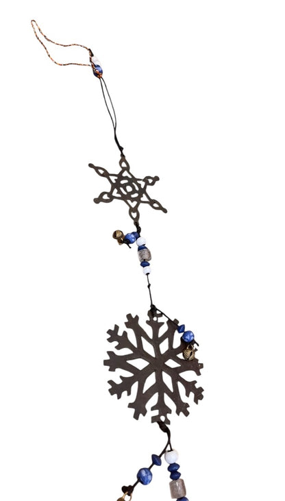 Rustic 3 Metal Snowflakes with Beads  Bells Windchime 24 Length