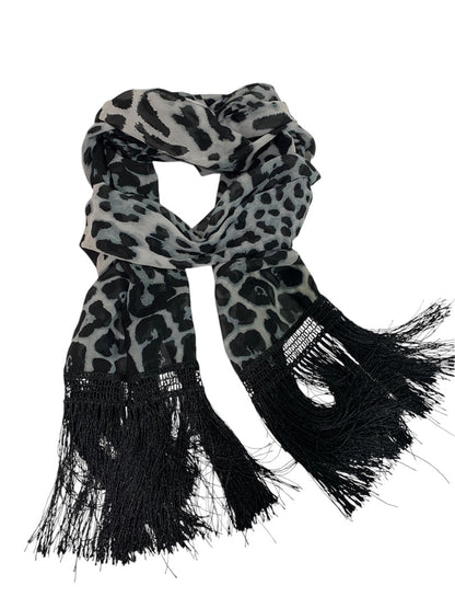 Womens Animal Print Fringed Scarf Lightweight Black White 84x18 Inches