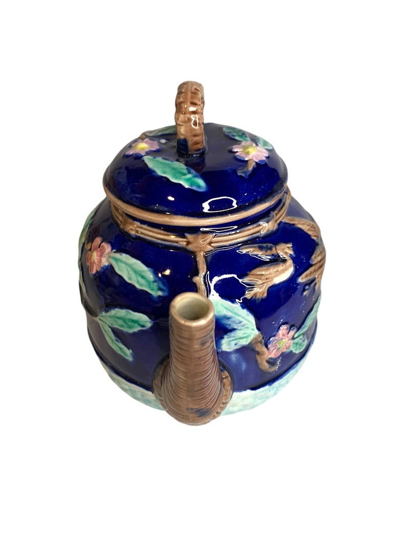 Majolica Flying Crane Teapot Cobalt Blue Forester Aesthetic