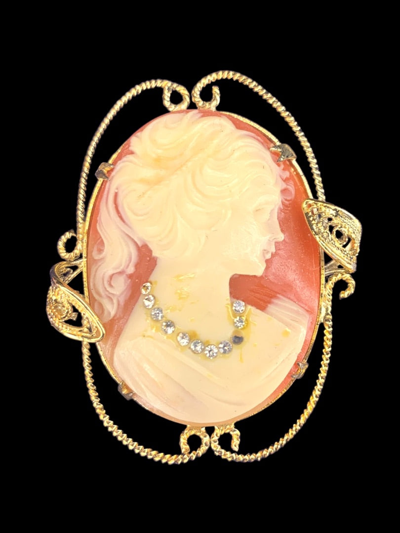 Vintage Cameo Brooch Pin Goldtone Ornate Defect 2.2 Inches Crystal Necklace