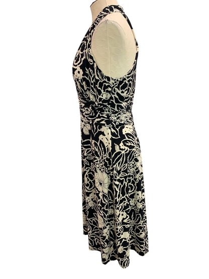 Size 12 Jones Wear Dress Black Ivory Print Pullover Stretch A-Line Midi