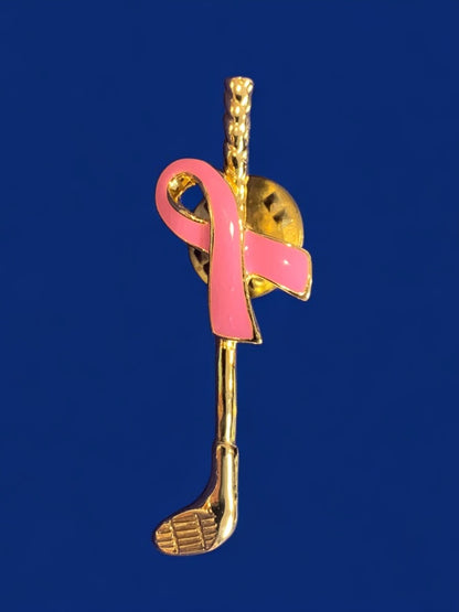 Goldtone Golf Club Lapel Pin Pink Ribbon Breast Cancer Awareness 1.75 Inches