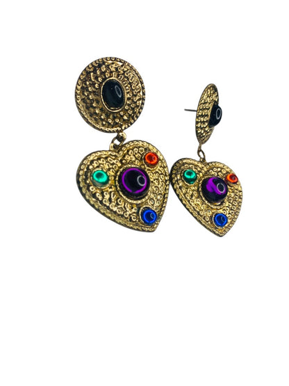 1980s Heart Goldtone Lightweight Earrings Post Pierced 2.3" Drop