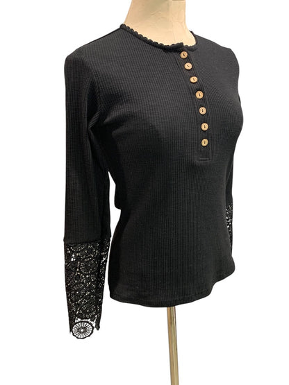 Small Unbranded Black Ribbed Womens Shirt Lace Trim Sleeve