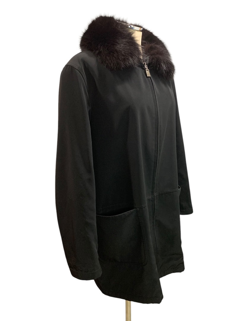 Large Fleet Street Womens Black Zip Up Jacket Fox Fur Removable Collar Water Resistant