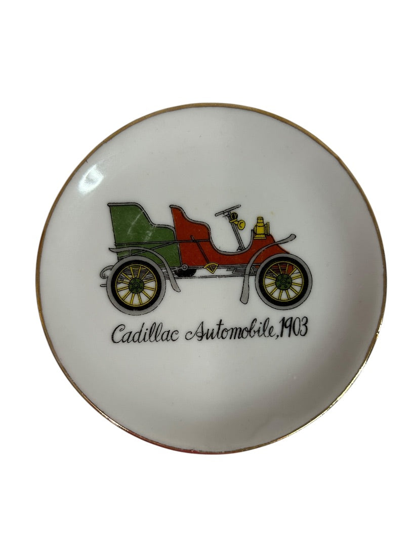 Vintage Set of 4 Antique Car 4” Gold Rim Porcelain Coasters Plate Ashtray