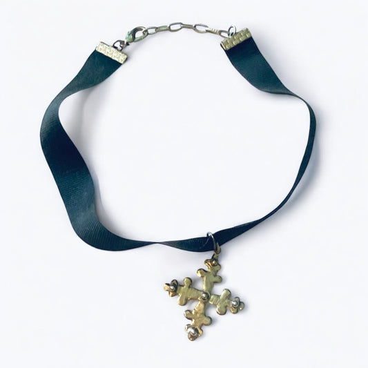 1980s Goth Ribbon Choker Necklace Black Silverton Cross 13-15 Inch Lobster Clasp