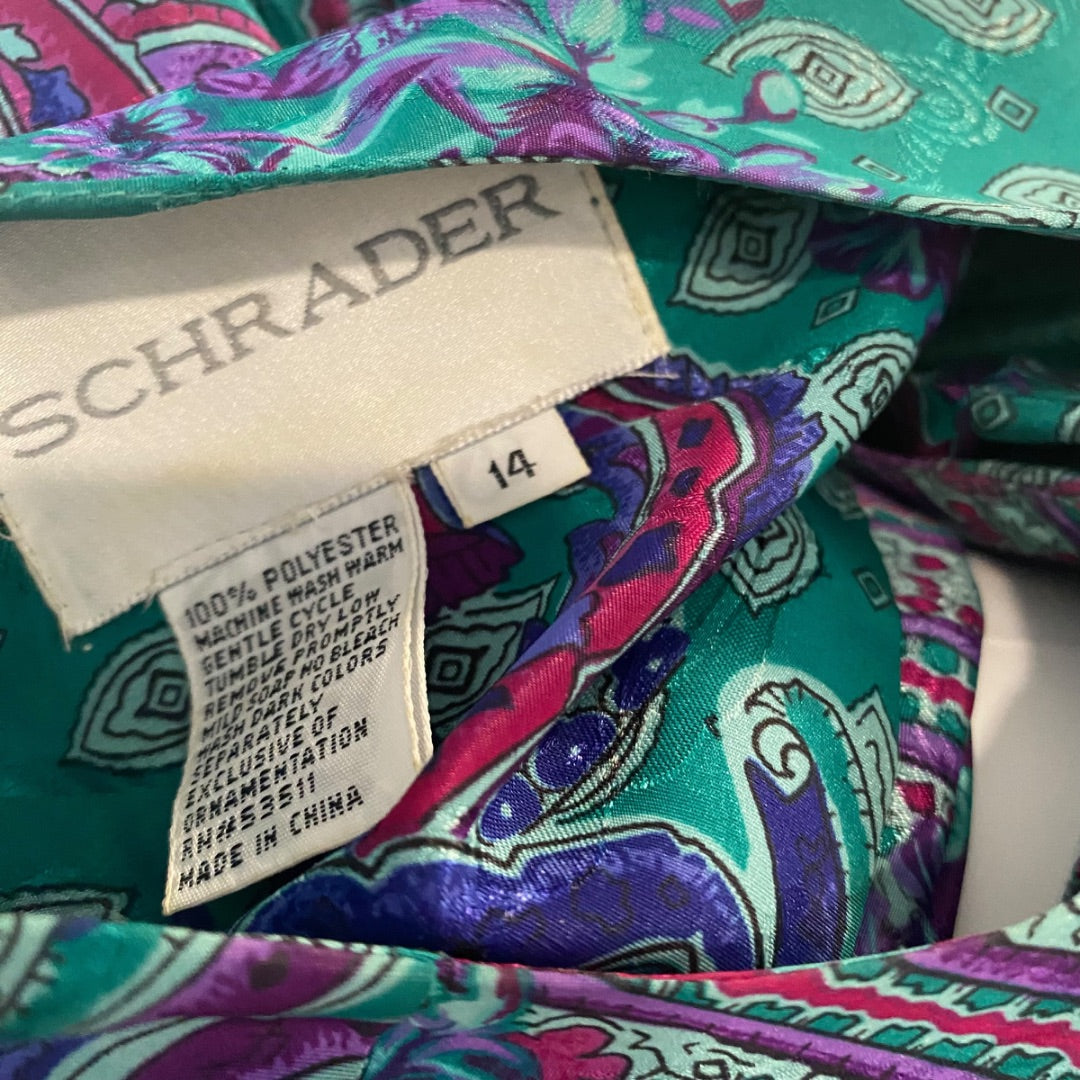 Size 14 Schrader Womens 1980s Polyester Dress Shoulder Pads Pleated Green Purple