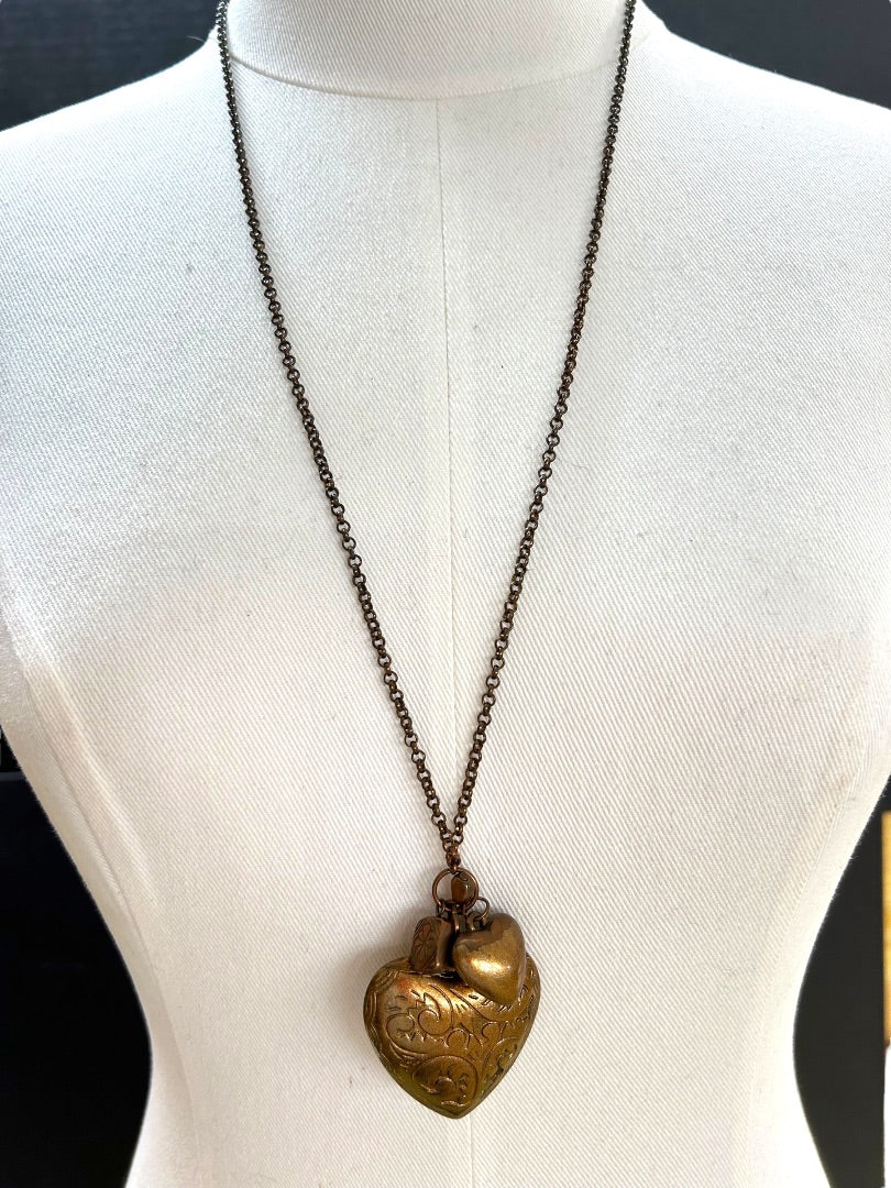 Copper Color Charm Necklace Overhead 29 Inch Chain Puffy Heart