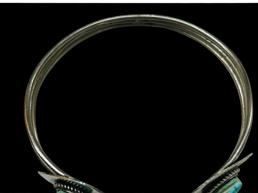 Silvertone Open Bangle Bracelet 2 Hearts Polymer Clay Faux Turquoise