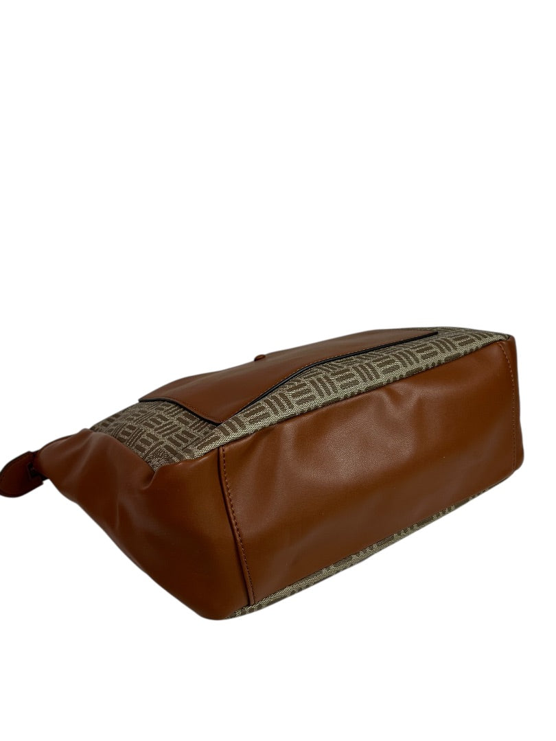 Anne Klein Tote Bag Brown Tan Monogram Chain Strap Purse Zip Pocket Logo