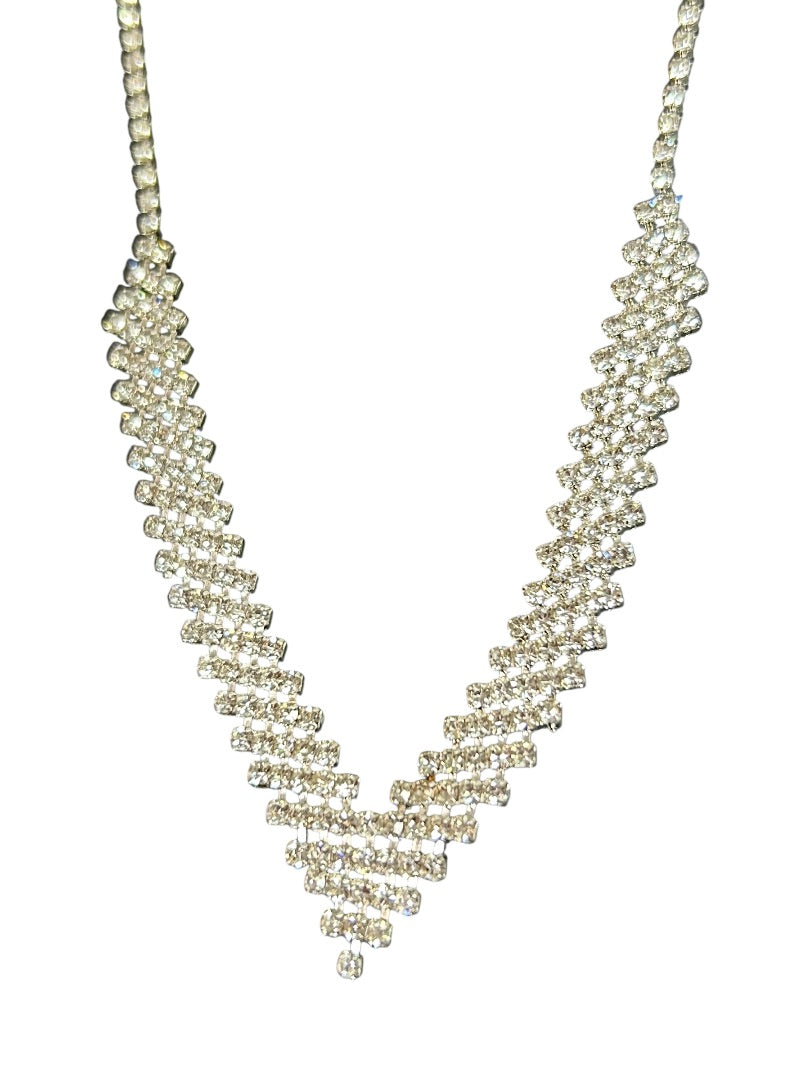 Claires Silvertone Rhinestone V-Necklace New Lobster Clasp 18-22 Inch