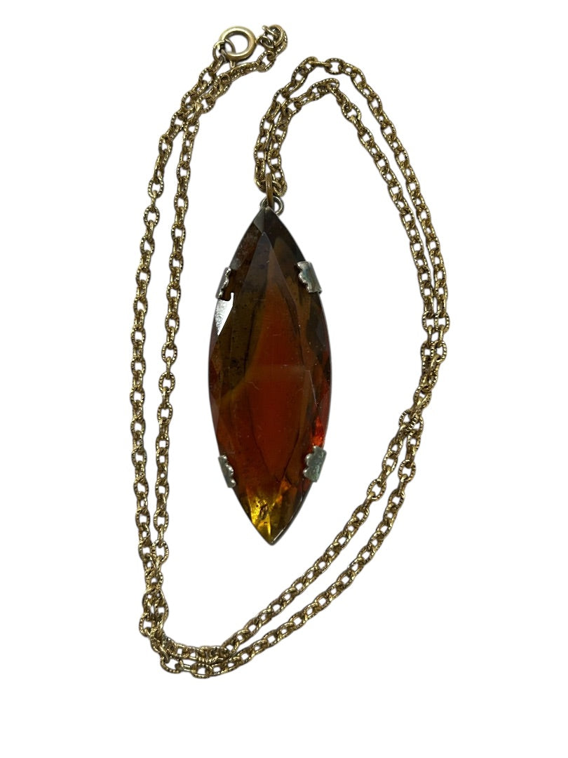 Vintage Goldtone Chain Pendant Necklace Acrylic Amber 23 Inch