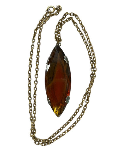 Vintage Goldtone Chain Pendant Necklace Acrylic Amber 23 Inch
