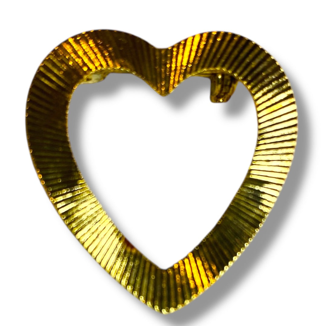 Vintage Goldtone Textured Open Heart Brooch Pin 1.1 Inch