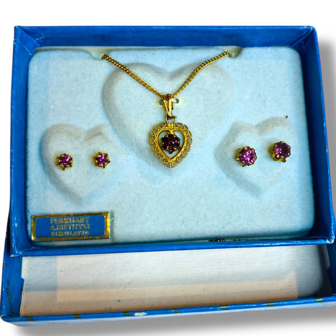 Vintage Simulated Amethyst Goldtone Necklace Earring Set New Old Stock Heart Stud