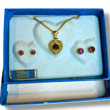 Vintage Simulated Amethyst Goldtone Necklace Earring Set New Old Stock Heart Stud
