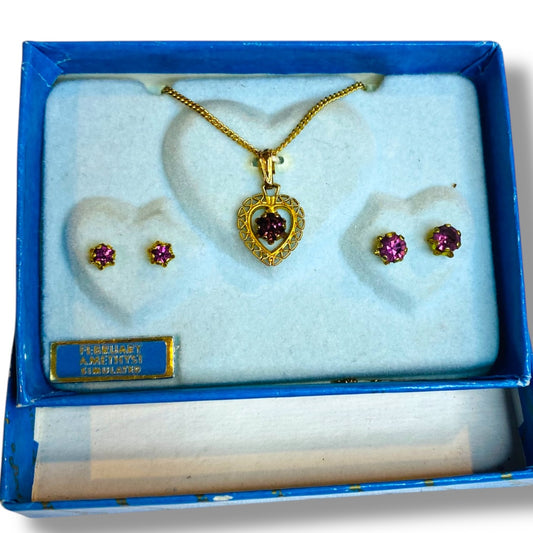 Vintage Simulated Amethyst Goldtone Necklace Earring Set New Old Stock Heart Stud