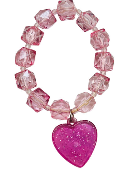 Acrylic Stretch Bracelet Princess Heart Charm Faceted Square Pink