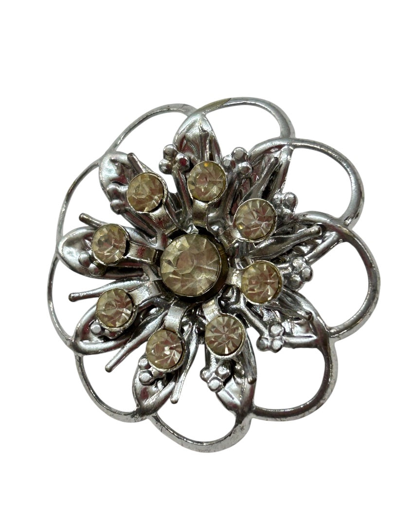 Silvertone Brooch Flower Shape Yellow Rhinestones 1.5 Inch Vintage