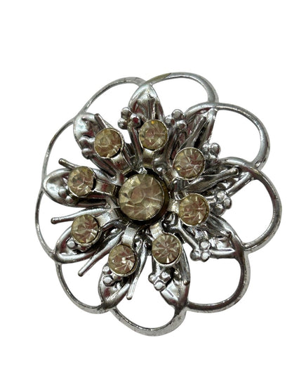 Silvertone Brooch Flower Shape Yellow Rhinestones 1.5 Inch Vintage