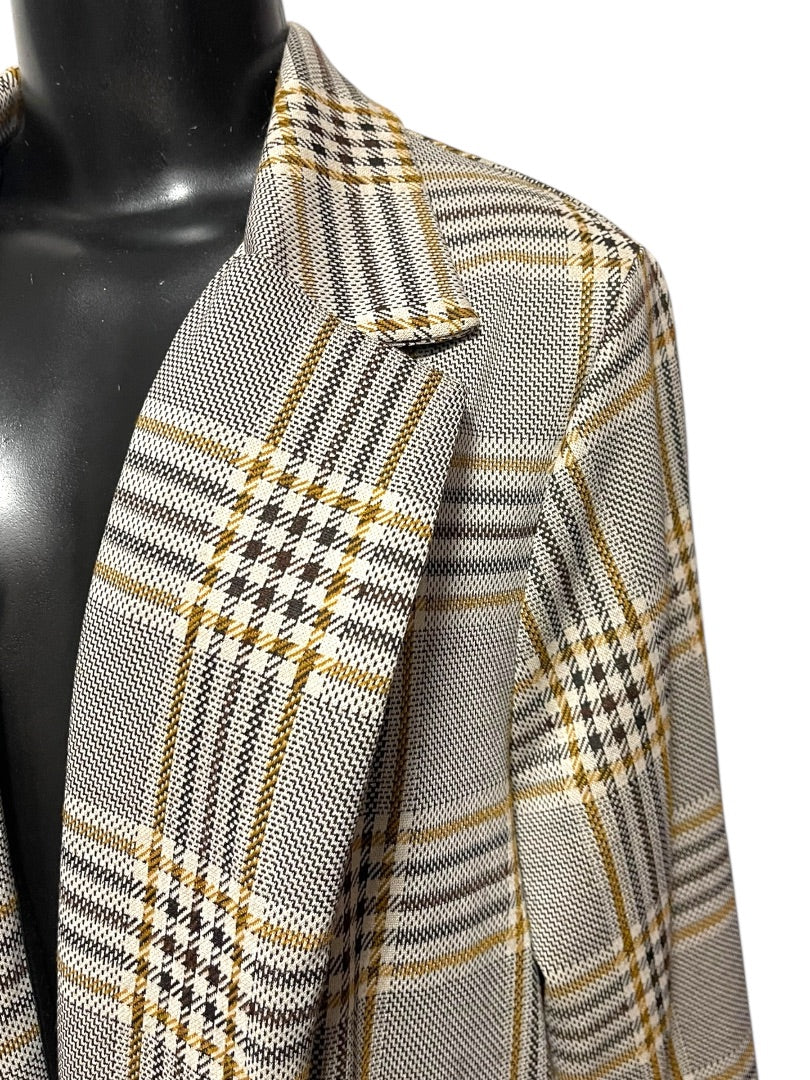 1X Melloday Collared Long Plaid Open Jacket Pockets Womens Retro