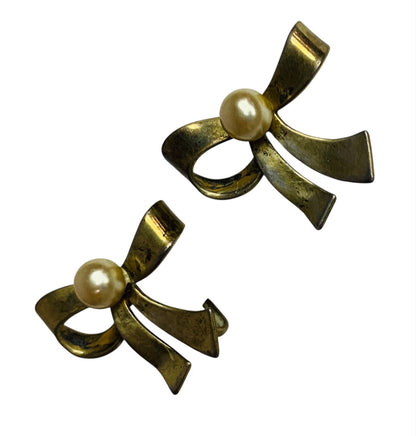 Sterling Silver Goldtone Bow Earrings Clip-On Screwback Faux Pearl .9 Inch