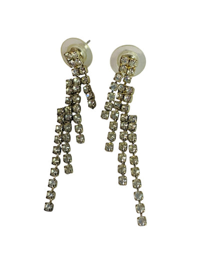 Vintage Silvertone Rhinestone Earrings Post Pierced Swag Movement 2" Drop