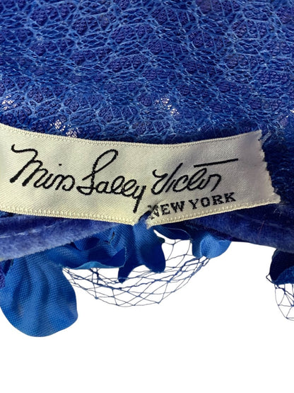 Blue Floral Veil Hat 1950s Net Fascinator Pillbox Style Miss Sally Box John Wanamaker
