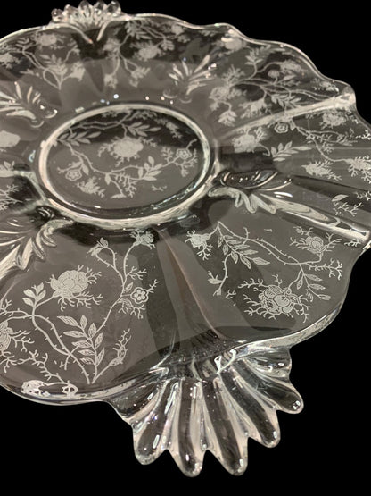 Fostoria Chintz Vintage Etched Glass Handled Cake Plate 10.25 Inch