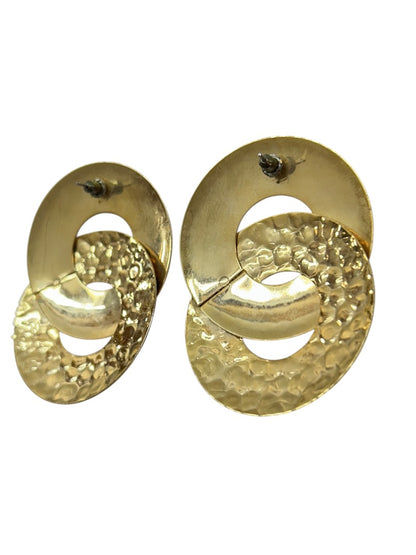 Vintage Goldtone Statement Earrings Hammered Pierced 2.2 Inch