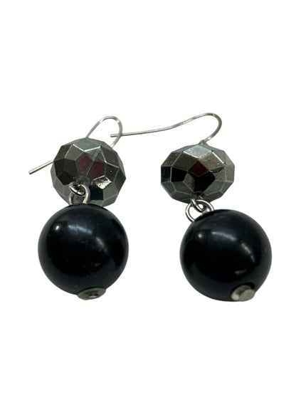 Silvertone Black Fish Hook Earrings 1.6 Inch Drop Pierced