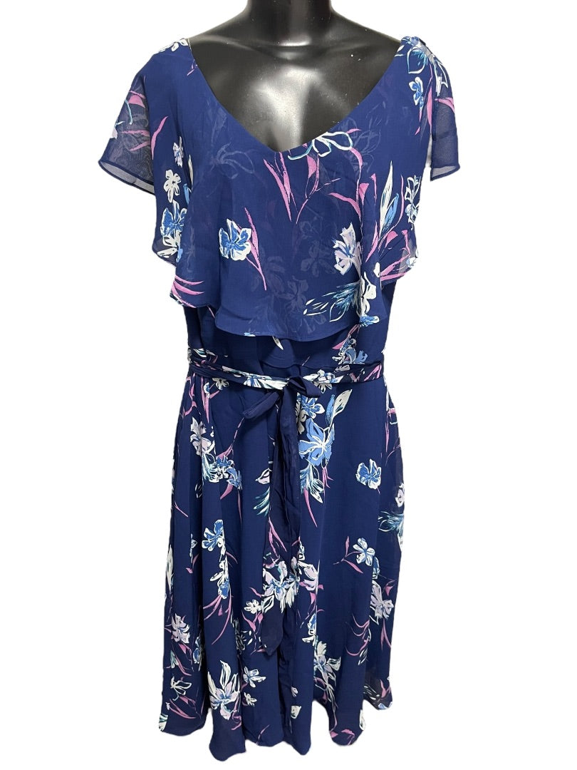 Size 24 Lane Bryant Floral Lined Split Flutter Sleeve Midi Dress Zipper Tie