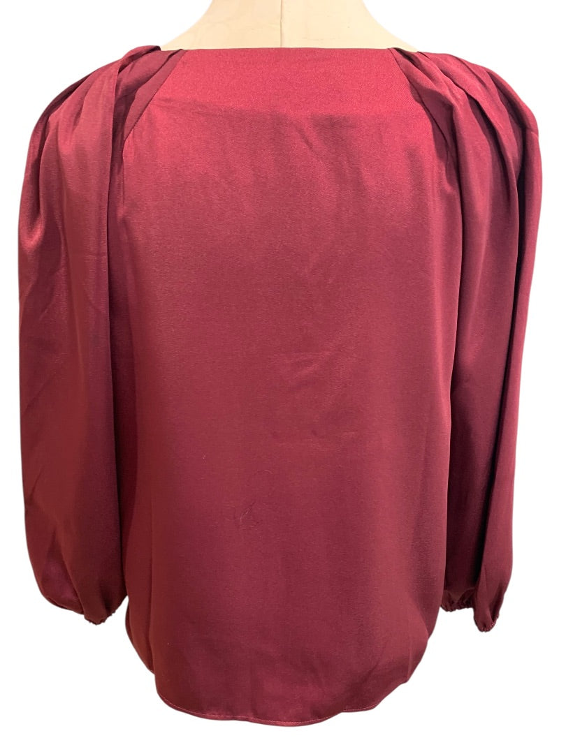 XS Loft Womens Burgundy Pullover Blouse Satiny Top V-Neck Long Sleeve