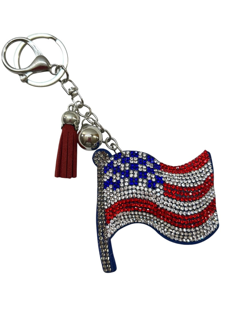 Puffy American Flag Rhinestone Keychain Key Ring 2.5 Inch