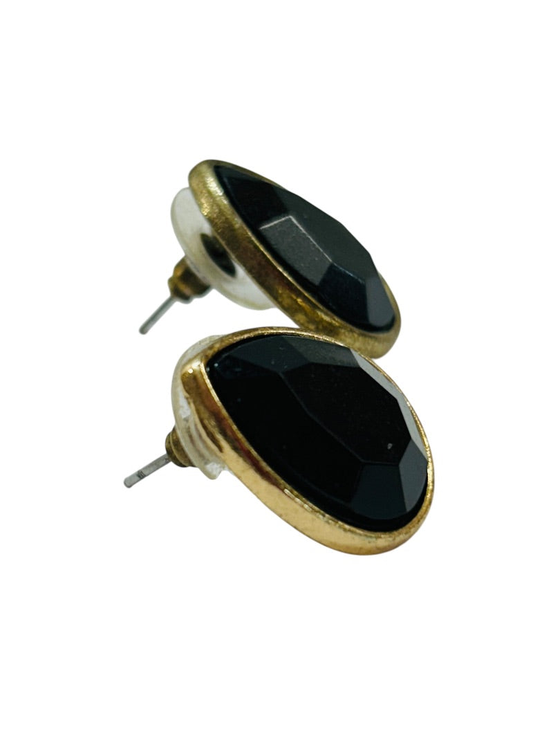 Goldtone Faceted Acrylic Black Post Pierced Earrings Teardrop .75"