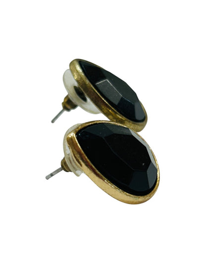 Goldtone Faceted Acrylic Black Post Pierced Earrings Teardrop .75"