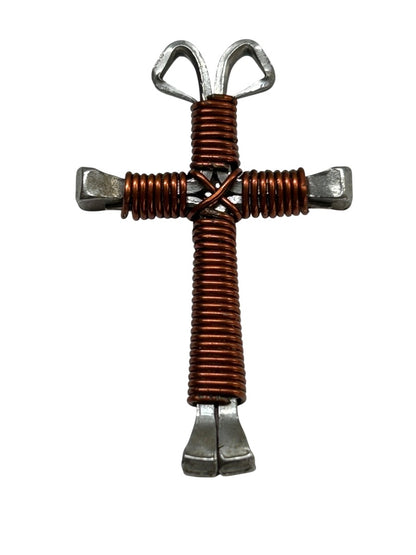 Silvertone and Copper Color Wrapped Cross Pendant Funky 1.75"