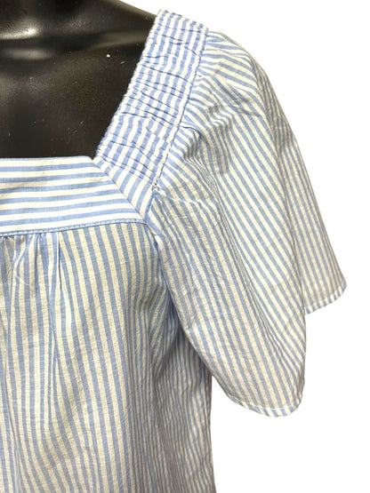 XS Loft Womens Flowy Blouse Shirt Striped Embroidered Blue White