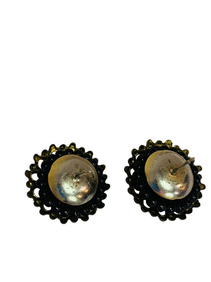 Retro Style Post Pierced Earrings Goldtone Black Beaded Rhinestones .8"