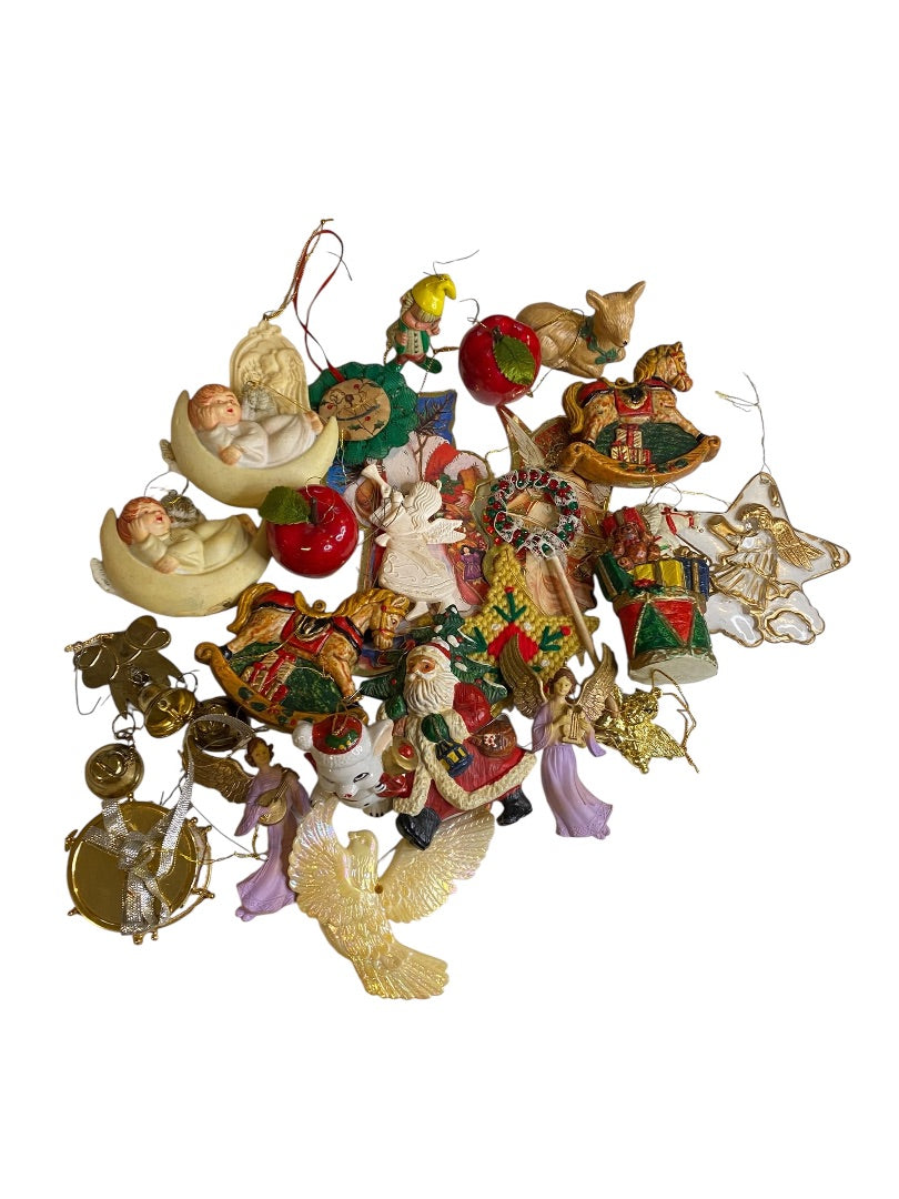 Lot of 25 Assorted Hanging Holiday Ornaments Bells Apple Drum Angel