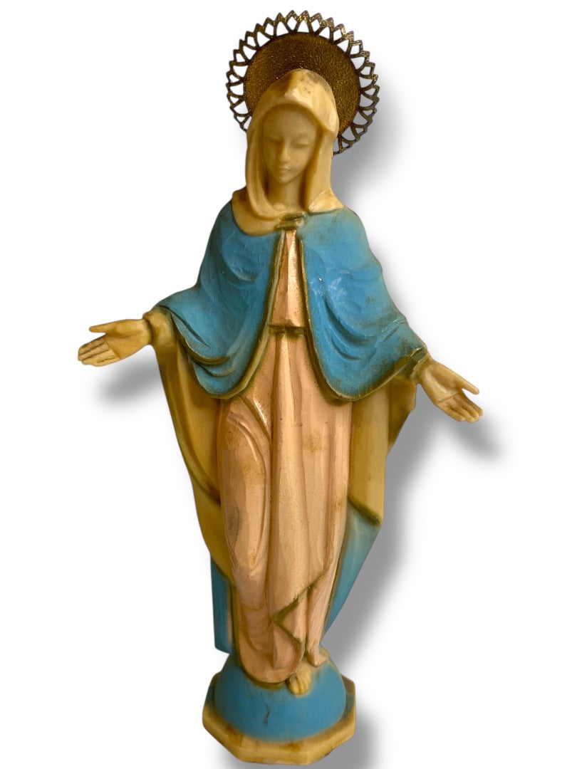Vintage Virgin Mary Statue Figurine Acrylic Metal Pink Blue 6"