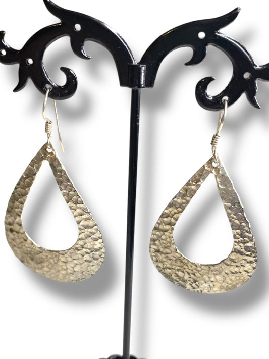 Silvertone Hammered Pierced Fishhook Earrings Lightweight 2" Drop