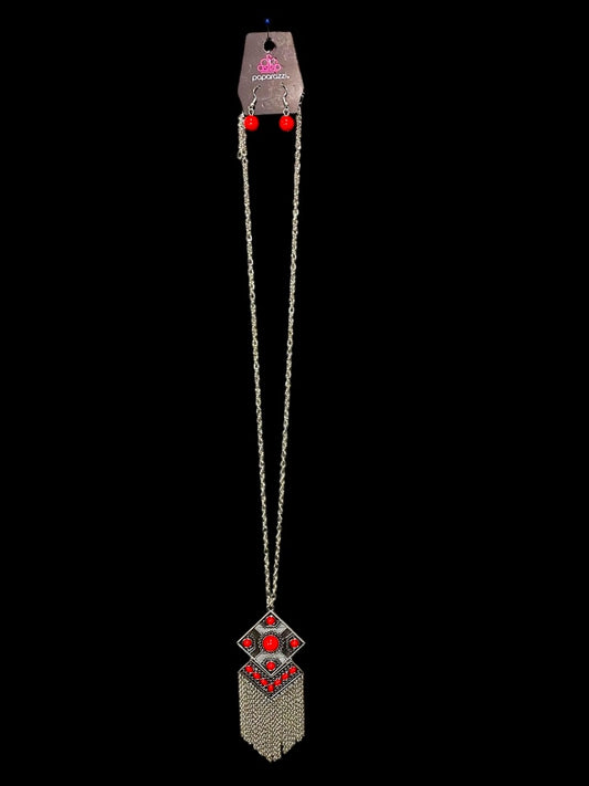 Paparazzi New Silvertone Necklace and Earring Set Red Beads 40"